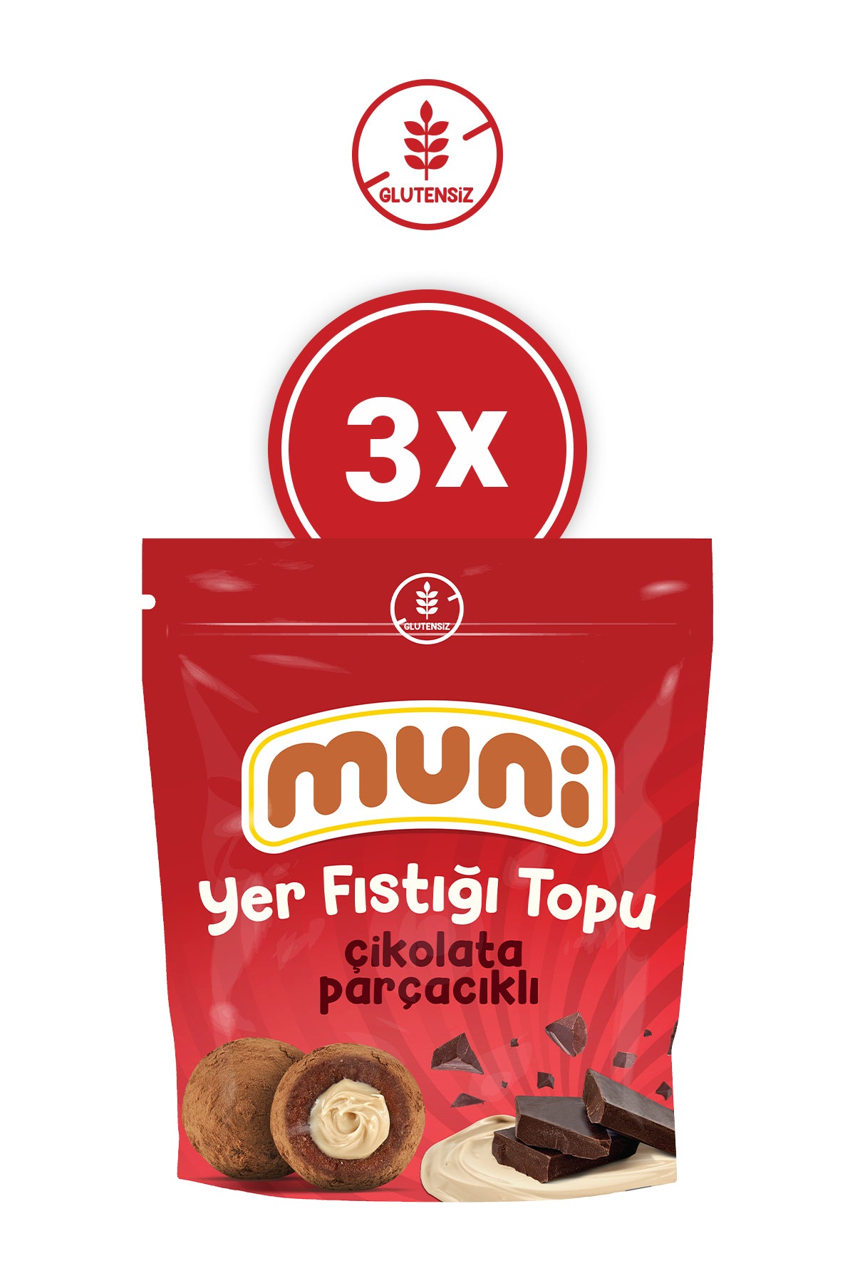 muni Glutensiz Çikolata Parçacıklı Yer Fıstığı Topu 3'lü