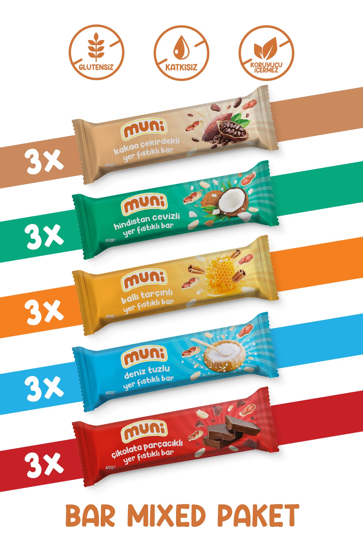 muni Proteinli Yer Fıstığı Bar Sağlıklı Atıştırmalık Paketi 40 gr x 15 Adet