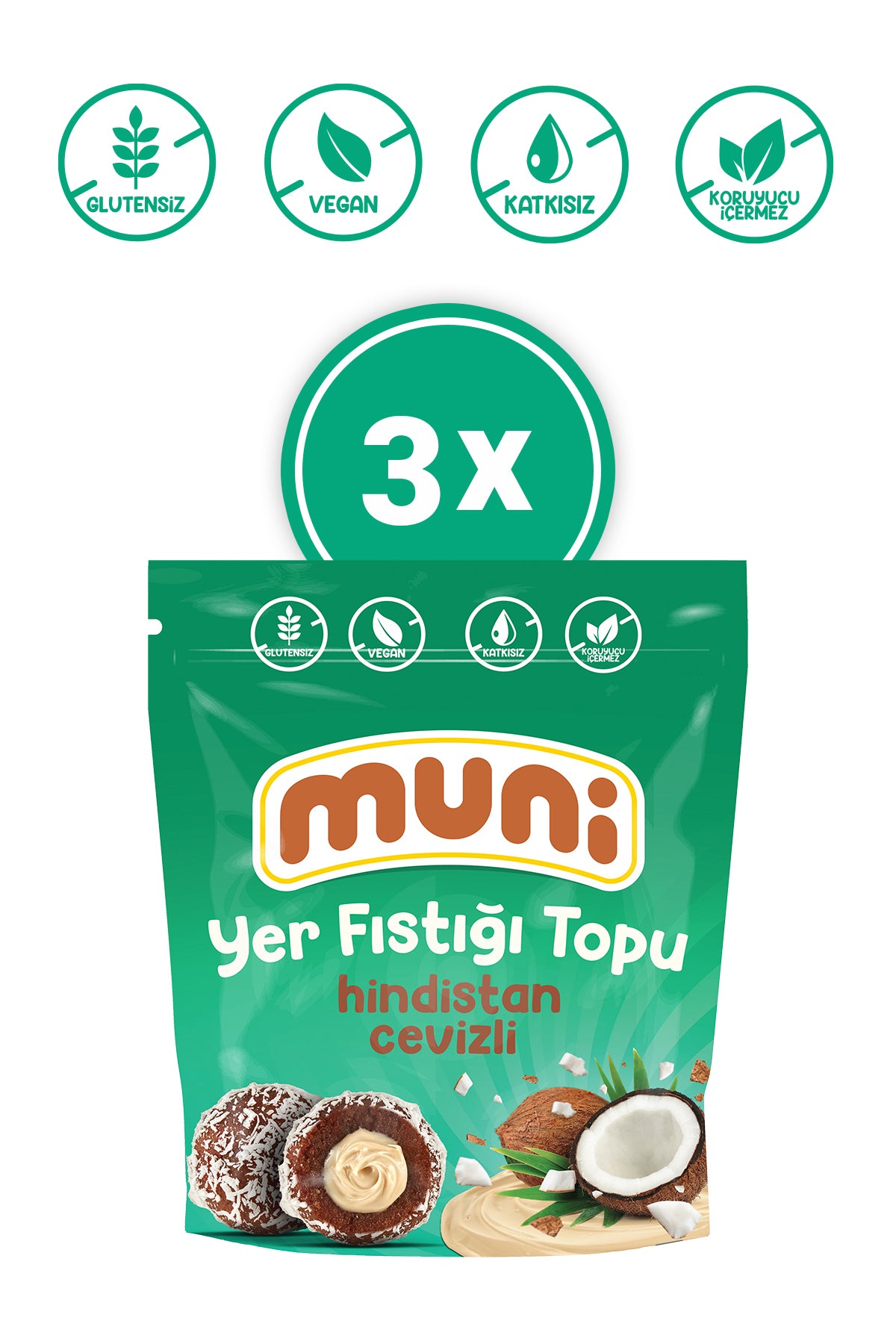 muni Glutensiz, Katkısız Hindistan Cevizli Yer Fıstığı Topu 3'lü
