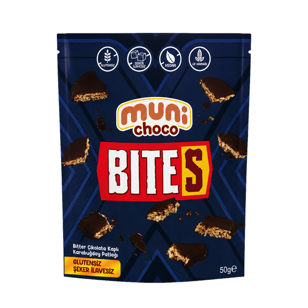 muni BITES Bitter Çikolata Kaplı Karabuğday Patlağı 50g ön