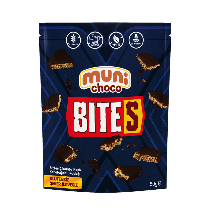 muni BITES Bitter Çikolata Kaplı Karabuğday Patlağı 50g ön